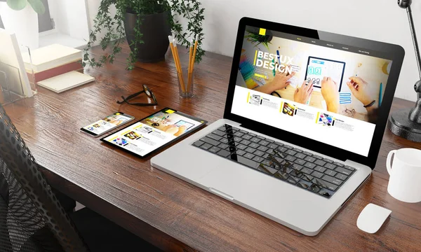 Geräte Design Website Auf Hölzernem Desktop Rendering — Stockfoto