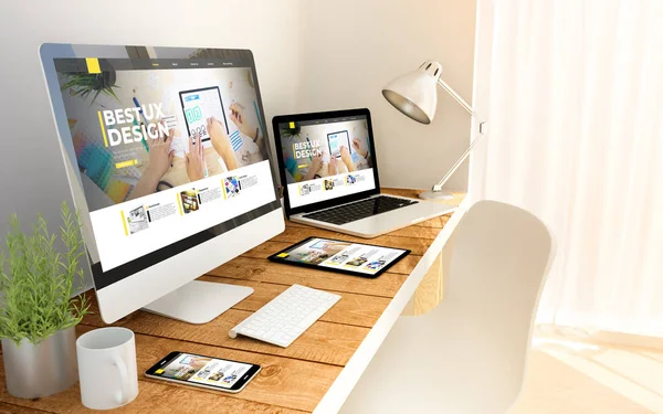 Perangkat Digital Yang Dihasilkan Atas Meja Kayu Dengan Konsep Desain — Stok Foto