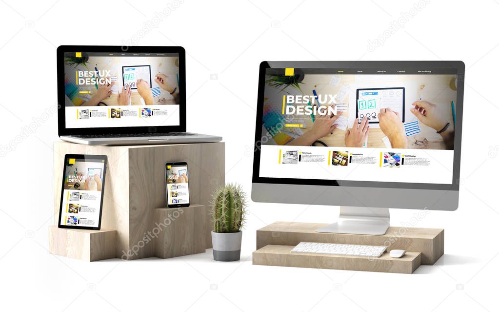 3d rendering of isolated devices over wooden cubes showing ux design website