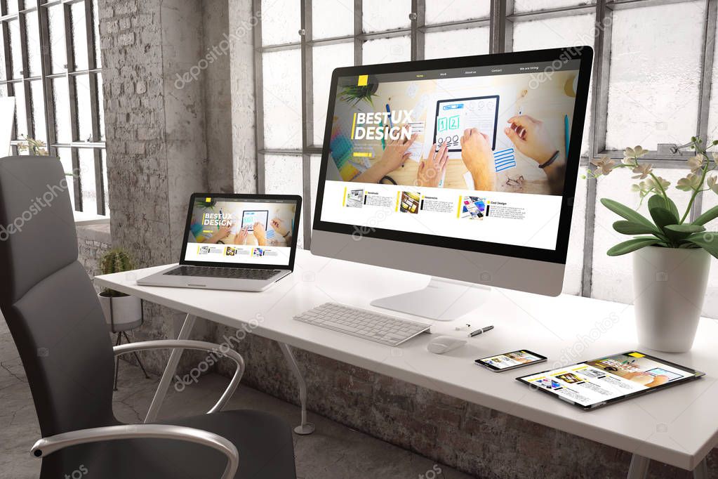 3d rendering of industrial office with devices showing ux designwebsite