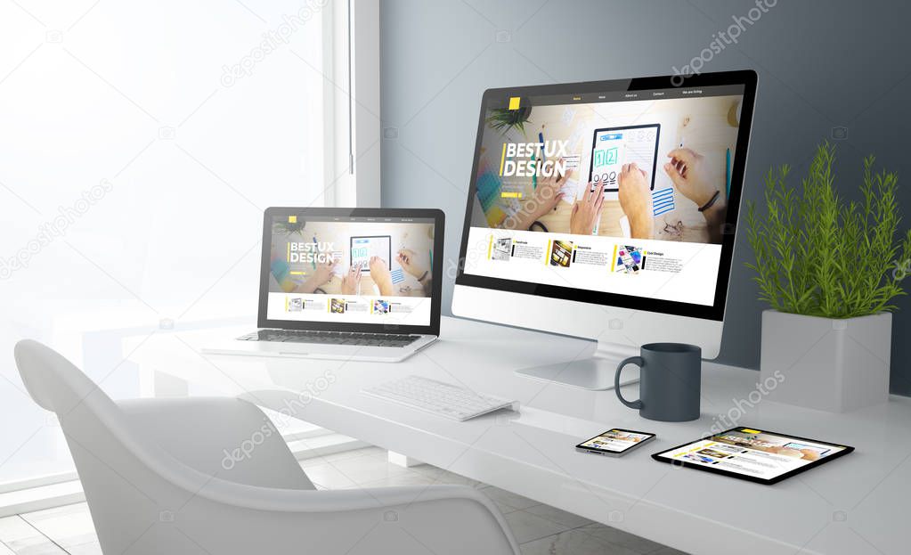 3d rendering of desktop with all devices showing ux design website. All screen graphics are made up. 