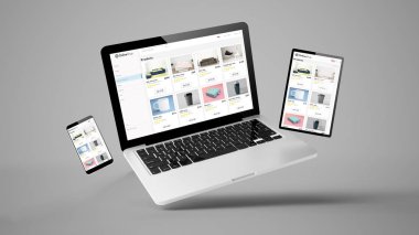 uçan dizüstü bilgisayar, mobil ve tablet 3d çevrimiçi dükkan duyarlı web tasarımı görüntüleme
