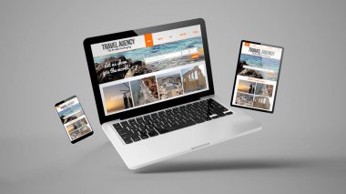 uçan dizüstü bilgisayar, mobil ve tablet 3D görüntüleme seyahat acentesinin yanıt veren web tasarımı