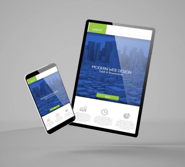 mobil tasarım kavramı: uçan akıllı telefon ve tablet modelleme 3d web sitesi iniş sayfası gösteriliyor 