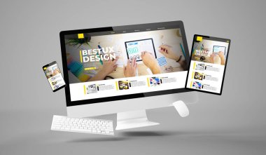bilgisayar, tablet ve akıllı telefon ux tasarım web sitesi beyaz scren 3d görüntüleme