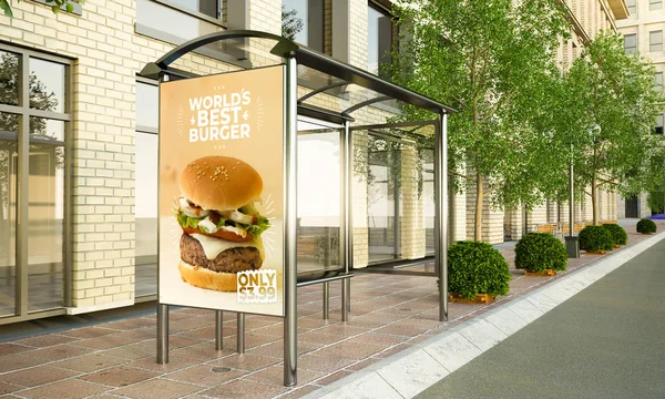 Διαφημιστική Πινακίδα Burger Mockup Στη Στάση Λεωφορείου Απόδοση — Φωτογραφία Αρχείου