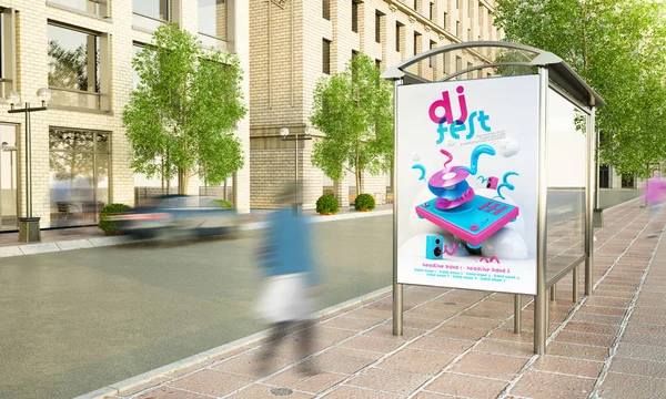 Billboard Met Muziek Fest Reclame Bij Bushalte Straat Rendering — Stockfoto