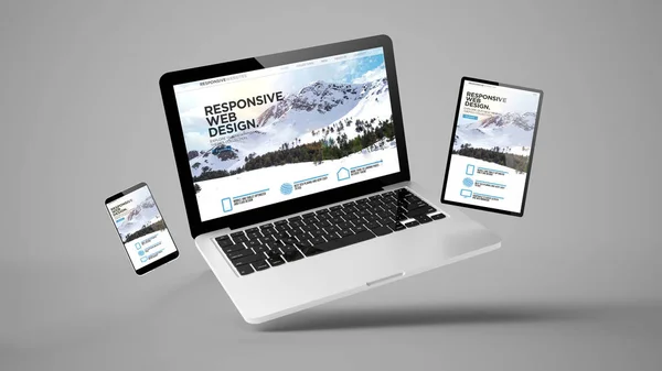 Flying Laptop Mobile Tablet Rendering Showing Responsive Web Design — 스톡 사진