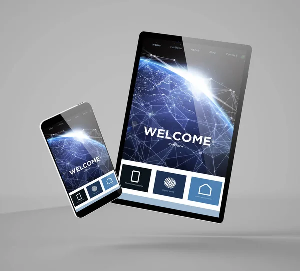 Mobile Design Concept Flying Smartphone Tablet Mockup Rendering Showing Website — Stock Photo, Image