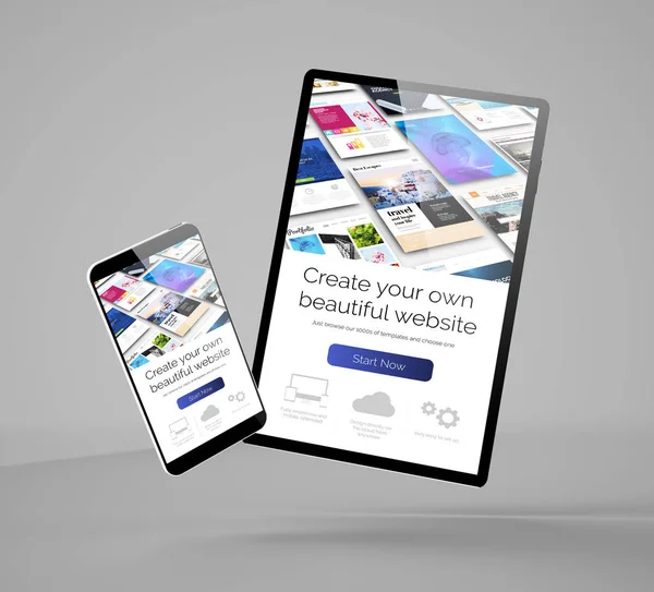 Mobiles Designkonzept Fliegende Smartphone Und Tablet Attrappe Rendering Zeigt Website — Stockfoto