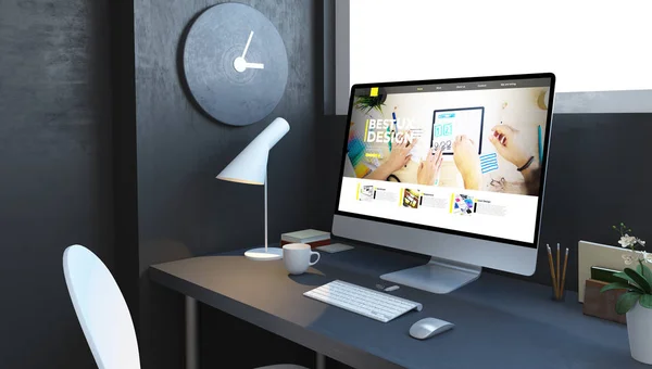 海軍の部屋3Dレンダリングでデスクトップ上のUxデザインのウェブサイトを持つコンピュータ — ストック写真