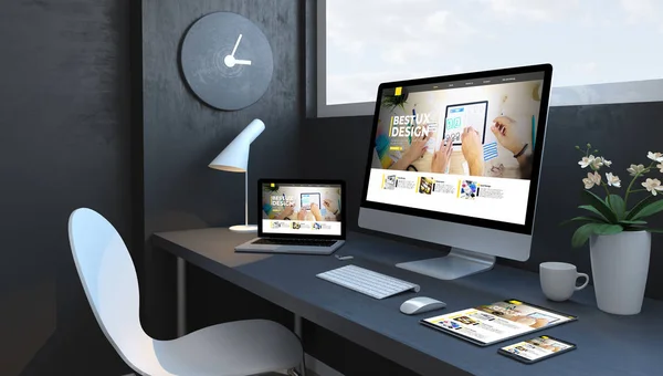 Navy Blue Workspace Responsive Design Website Devices Rendering Modern Web — 스톡 사진