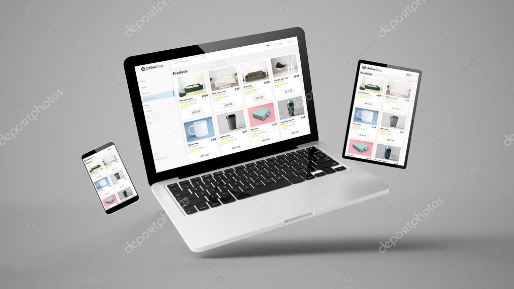flying laptop, mobile and tablet 3d rendering showing online shop responsive web design