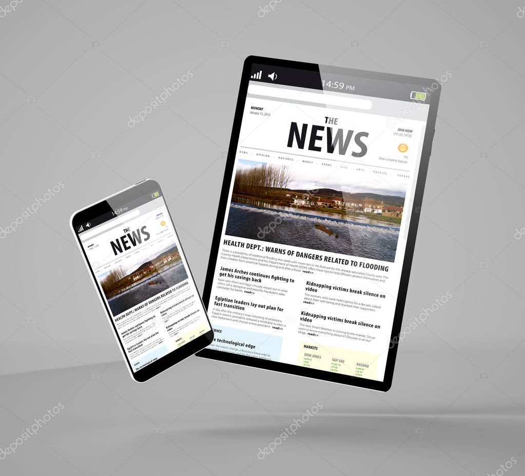 flying smartphone and tablet mockup 3d rendering showing news website