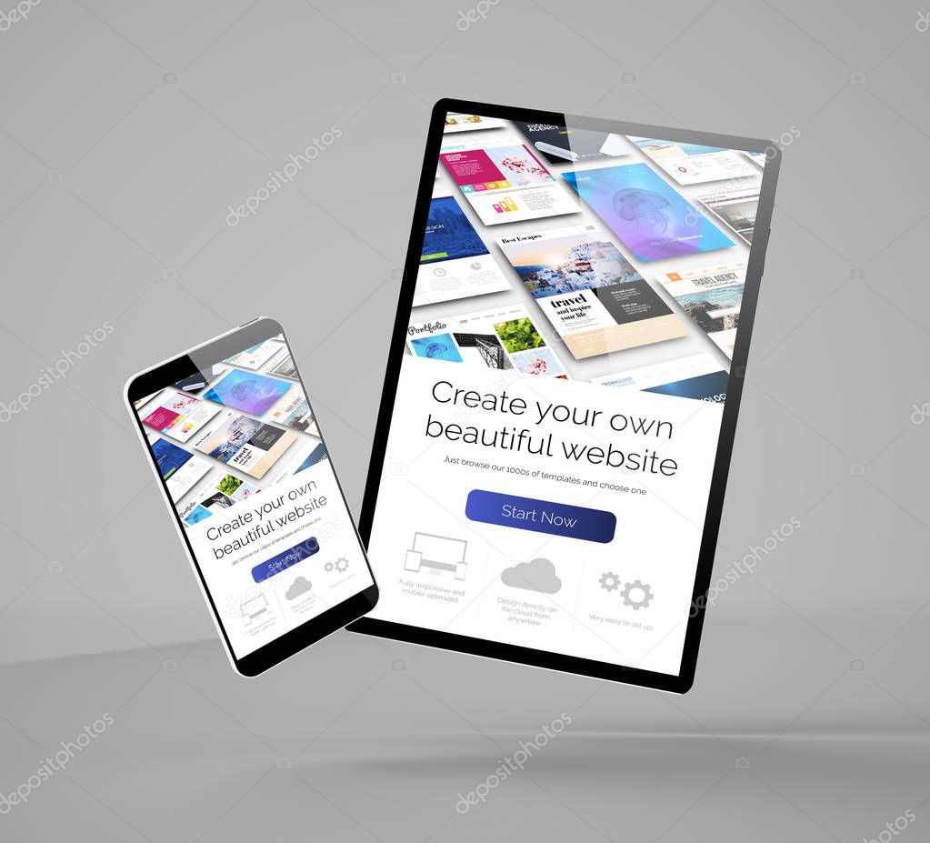 mobile design concept: flying smartphone and tablet mockup 3d rendering showing website builder