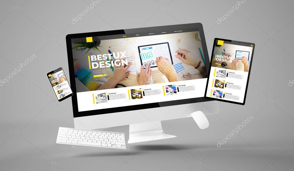 computer, tablet and smartphone ux design website with white scren 3d rendering