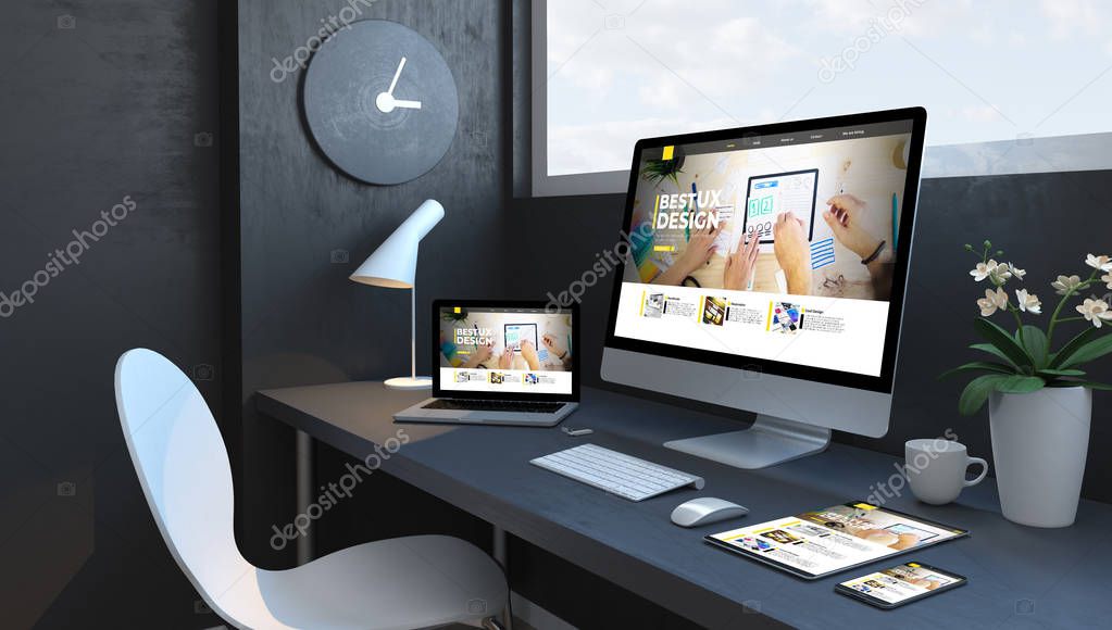 Navy blue workspace with responsive ux design website devices 3d rendering modern web design