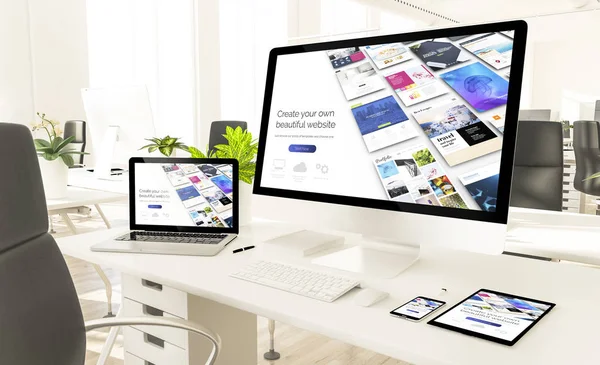 Responsive Devices Showing Responsive Builder Website Loft Office Rendering Mockup — Stock Photo, Image