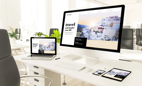 Responsive Devices Showing Responsive Travel Blog Loft Office Rendering Mockup — Stok Foto