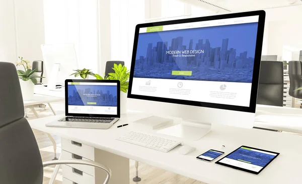 Responsive Geräte Mit Modernem Webdesign Loft Office Rendering Attrappe — Stockfoto