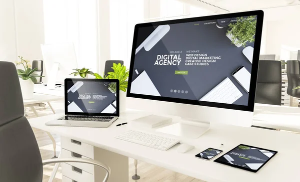 responsive devices showing digital agency at loft office 3d rendering mockup