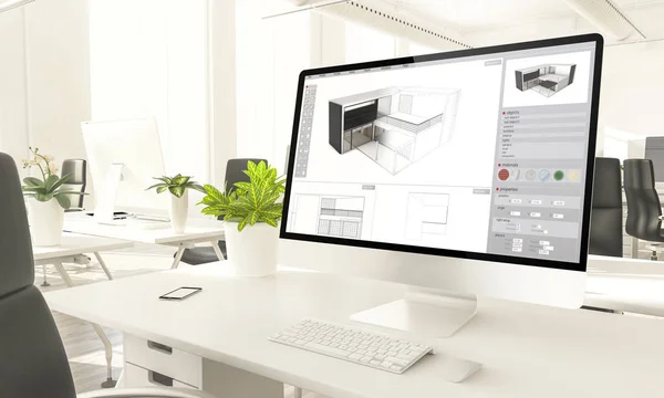 architecture software screen mockup computer in loft office 3d rendering