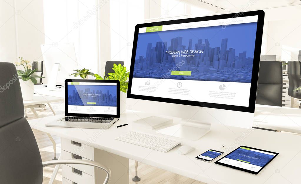 responsive devices showing responsive modern web design at loft office 3d rendering mockup
