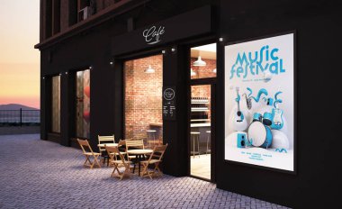 Müzik afişi 3D görüntülü kafenin ön modeli. 