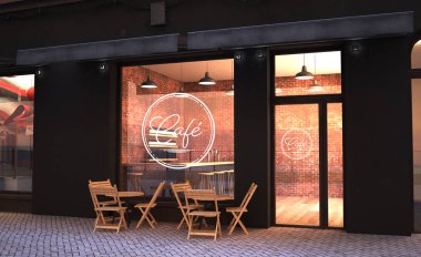 Cafe mağaza cephe 3D render mockup