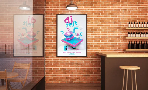 music poster mockup at bar 3d rendering