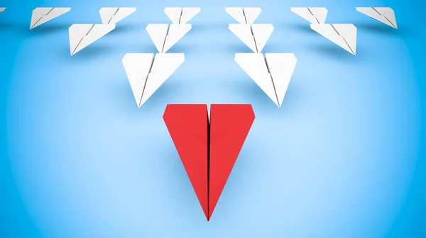 Leading concept with paper planes: Red paper plane as squadron leader. 3d rendering