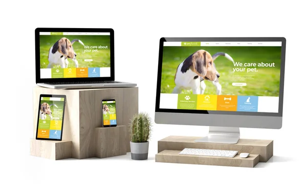 Cubi di legno dispositivi isolato pet responsive sito web — Foto Stock