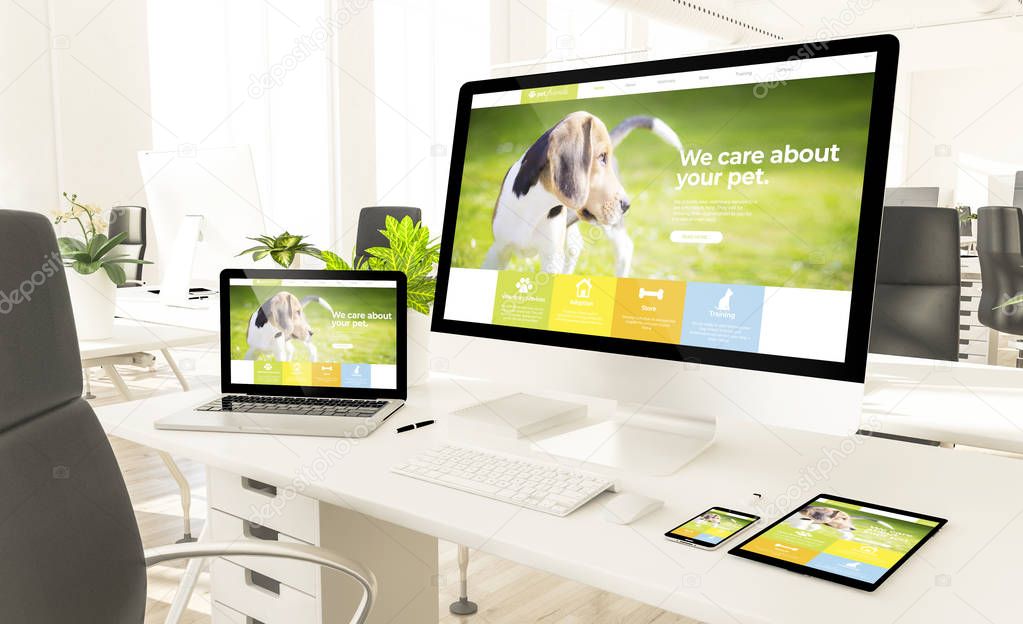 responsive pet website devices in loft office mockup