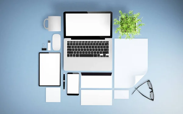 Blue desktop with office stuff — Stock Photo, Image