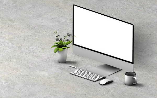 Computador Sobre Fundo Concreto Renderização Mockup — Fotografia de Stock