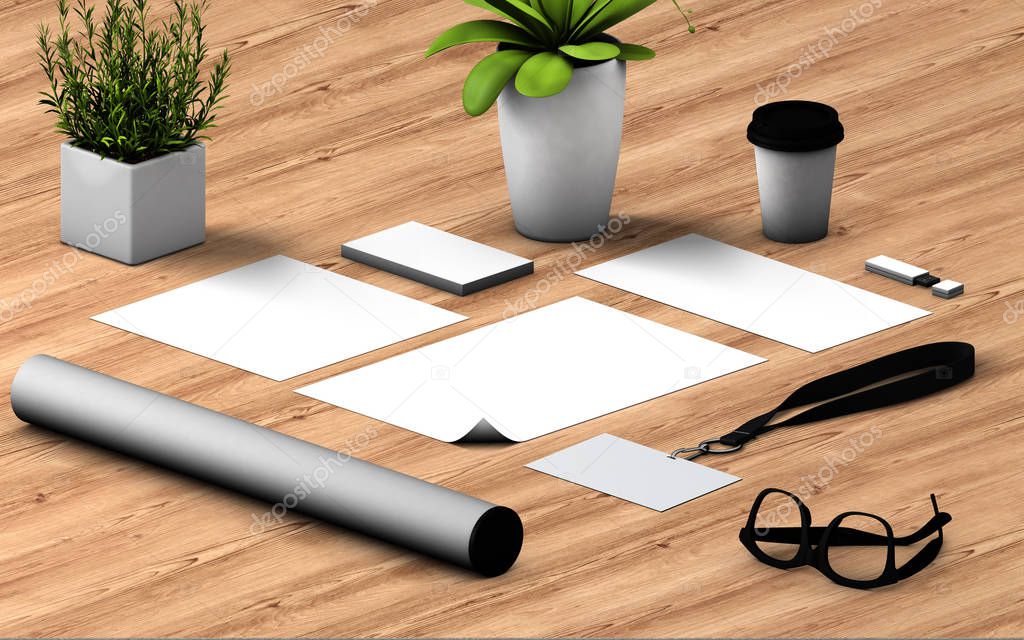 Blank branding identity set on wood table background. Branding mock up for presentations and business portfolios. 3d rendering