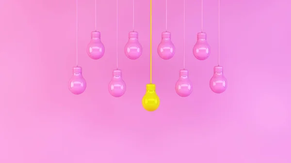 Pink light bulbs hung on pink background in which one of them stands out for being yellow. Concept idea, creativity, highlight, innovation, differentiation. 3D