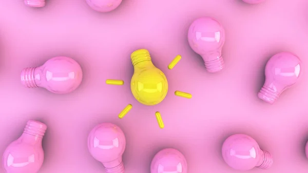Top view of pink light bulbs on a pink background in which one of them stands out for being yellow and illuminated. Concept idea, difference, innovation. 3D rendering