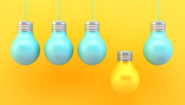 sarı arka plan 3d render renkli ampuller kavramı