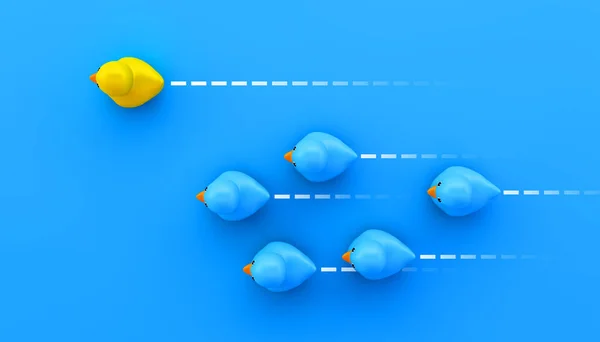 Mavi Sarı Kauçuk Ördekler Render Ile Rekabet Konsepti — Stok fotoğraf