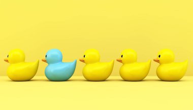 sarı kauçuk ördekler satır. Bir mavi. 3d render.