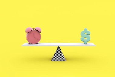 Minimalist sarı arka planda saat ve para sembolü ile ölçeklendirin. Zaman - para kavramı. 3d render