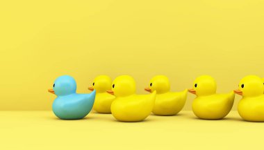 liderlik kavramı: mavi lider 3d render ile sarı kauçuk ördekler