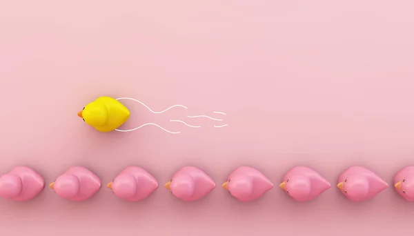 Yellow Rubber Duck Advancing Pink Row Rendering — Stock Photo, Image