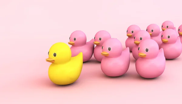 pink rubber ducks with yellow leader 3d rendering