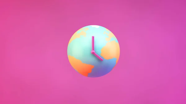 Plant earth with clock hands on a pink background. Climate change concept. 3d rendering. Digital illustration