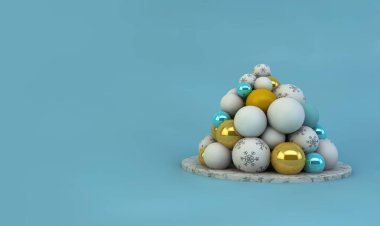 Mavi arka plandaki topların istiflenmesiyle oluşan Noel ağacı. Noel konsepti. 3d oluşturma