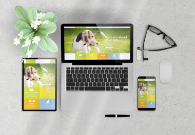 responsive design pet website on devices top view wooden desktop 3d rendering clipart