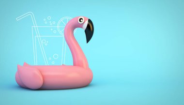 Mavi arka planda içkili pembe şişirilebilir flamingo.