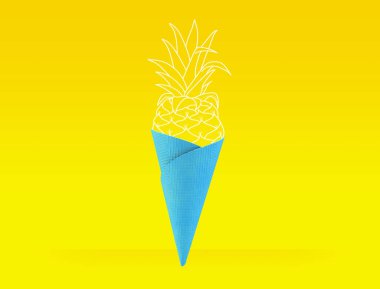 Mavi waffer dondurması ananas illüstrasyonlu 3D